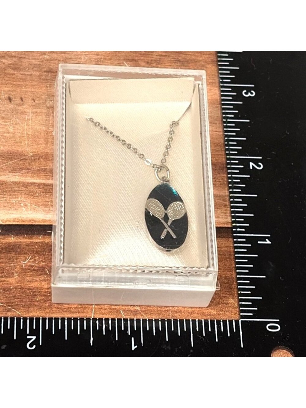 Vintage Tennis Racket Pendant Necklace Black Green Inlay NOS PEWTER LOOK